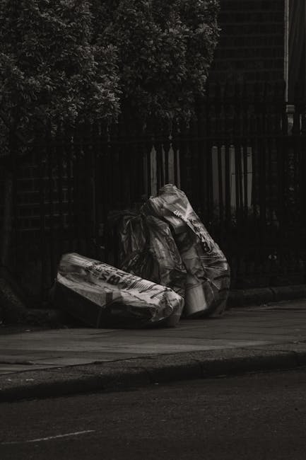 The image depicts a person wearing a checked shirt and grey trousers, standing outdoors on a green grassy area. They are holding open a large black plastic rubbish bag by its edges, which appears to b
